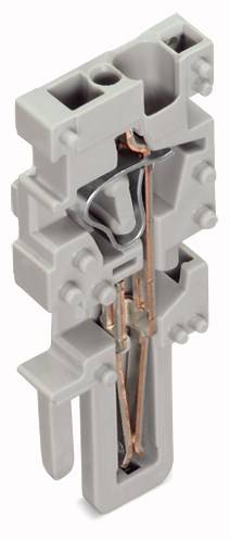 Ein grauer elektrischer Klemmenblock mit mehreren Anschlussmöglichkeiten und Kupferdrähten, zur Installation in elektrischen Schaltanlagen.