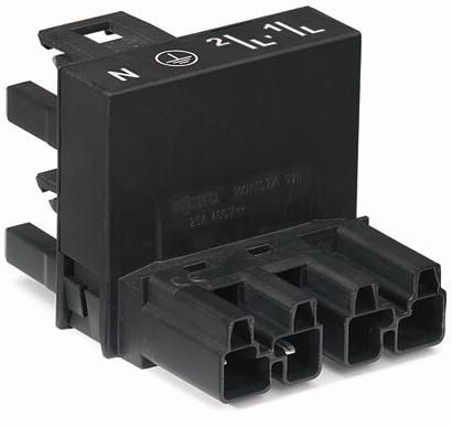 Ein schwarzer elektrischer Steckeradapter mit mehreren Anschlüssen und beschrifteten Symbolen auf der Oberseite.