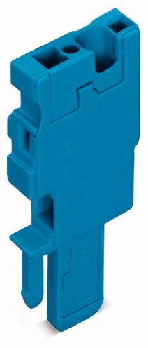 Blauer Kunststoff-Schaltstecker in vertikaler Position, Detailansicht der Form und Struktur, für elektrische Verbindungen verwendet.