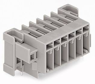 Grauer elektrischer Stecker mit mehreren Steckplätzen, rechteckige Form, seitliche Anschlüsse sichtbar.