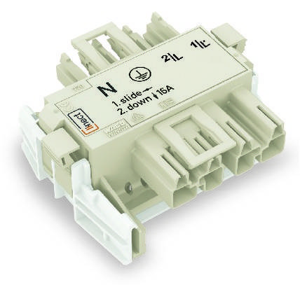 Ein weißer elektrischer Steckverbinder mit der Aufschrift 'N 1.5L', zwei Steckplätze und seitlichen Clips.