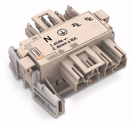 Ein elektrischer Steckverbinder mit mehreren Anschlüssen. Beschriftung zeigt Polaritität 'N', '1', '2', sowie Stromtag 16A.