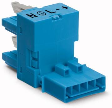 Blauer elektrischer Steckverbinder mit Beschriftung 'N, L, +' an der Oberseite, zeigt die Polarität. Geeignet für elektrische Installationen.