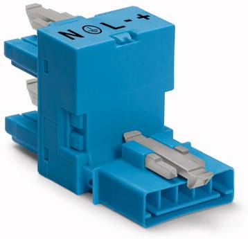 Blauer elektrischer Steckverbinder mit Beschriftung 'N' für Neutralleiter, 'L' für Leiter und '+' Symbol.