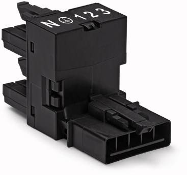 Schwarzer Elektroschalter mit den weißen Markierungen 'N', '1', '2', '3'. Sichtbare Kontakte und Anschlussstecker.