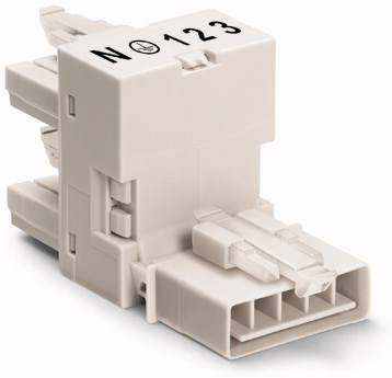 Kunststoff-Steckverbinder mit der Aufschrift 'N 123'. Verwendet zur elektrischen Verbindung von Geräten, seitliche und obere Ansichten sichtbar.