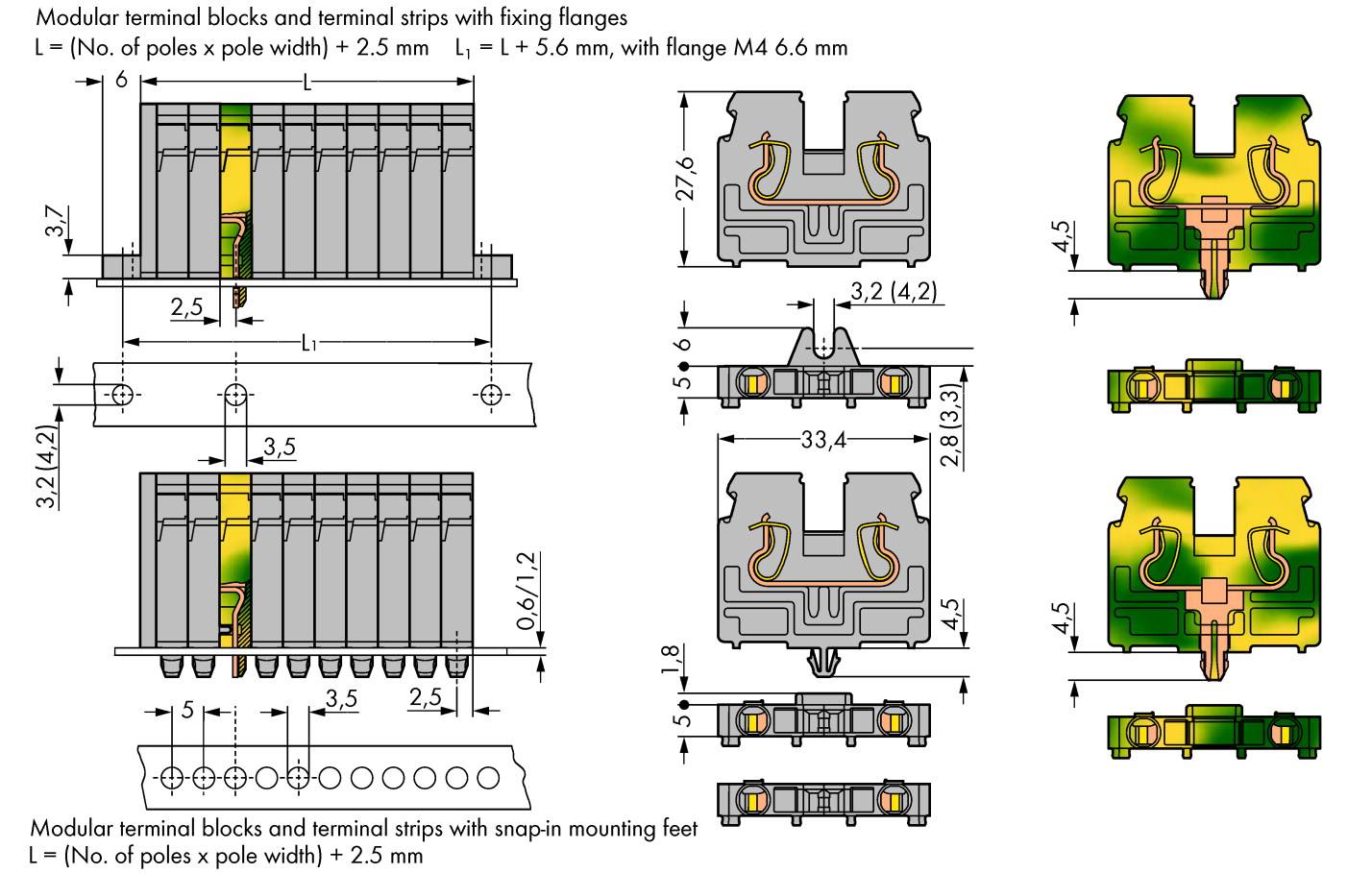 Technische Zeichnung von modularen Klemmblöcken und -leisten mit Befestigungsflanschen und Schnappmontagefüßen, Maße und Details dargestellt.