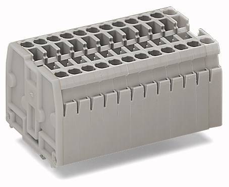 Ein grauer elektronischer Steckverbinder mit mehreren Anschlusspunkten, verwendet für die Verdrahtung in Schaltschränken.
