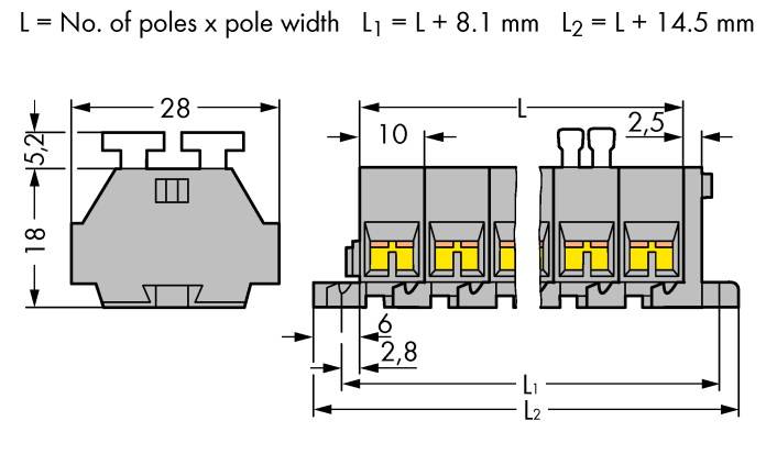 Zeichnung eines Steckverbinders mit Maßen: Höhe 18 mm, Breite 28 mm, Tiefe 10 mm, L = Anzahl Pole x Polbreite. L1 = L + 8,1 mm, L2 = L + 14,5 mm.
