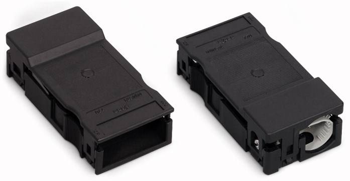 Zwei schwarze, rechteckige Kunststoffgehäuse mit Rillen, die aneinander anliegen. Eines hat eine sichtbare Öffnung für Kabelanschlüsse.