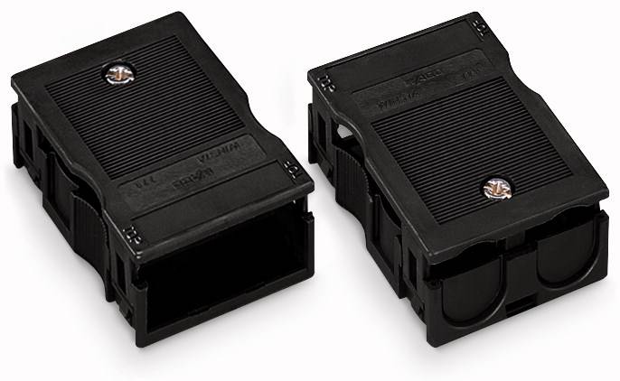 Zwei schwarze Steckverbinder aus Kunststoff, einer offen, einer geschlossen, beide mit metallischem Gewinde in der Mitte.