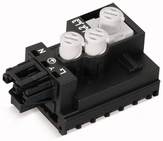 Schwarzer und weißer elektrischer Modulstecker mit vier Anschlüssen, beschriftet mit 'N', 'L', '1', '2', '3'.