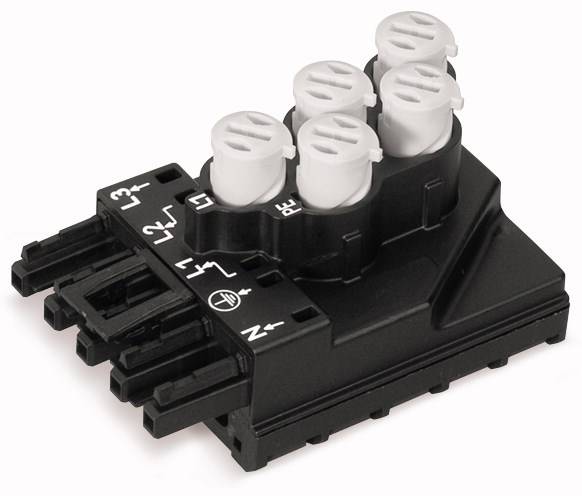 Schwarze elektrische Anschlussklemme mit fünf weißen Steckverbindern, aufgedruckte Symbole L1, L2, L3 und PE für Verkabelung.