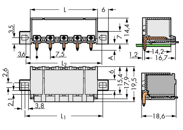 Technische Zeichnung eines elektrischen Steckverbinders mit seitlichen und frontalen Ansichten, Abmessungen und Anschlüssen.
