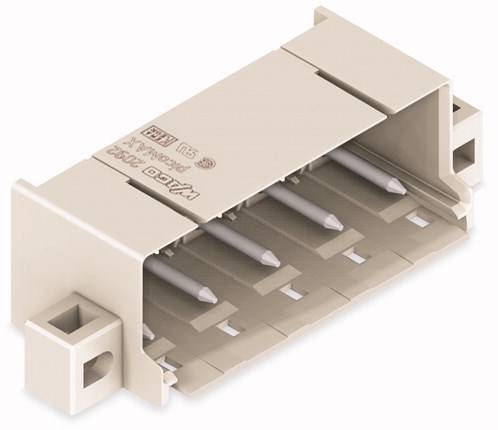 Kunststoffklemme mit mehreren Anschlüssen für Kabel. Beige Farbe, rechteckige Form, geeignet für elektrische Verbindungen.