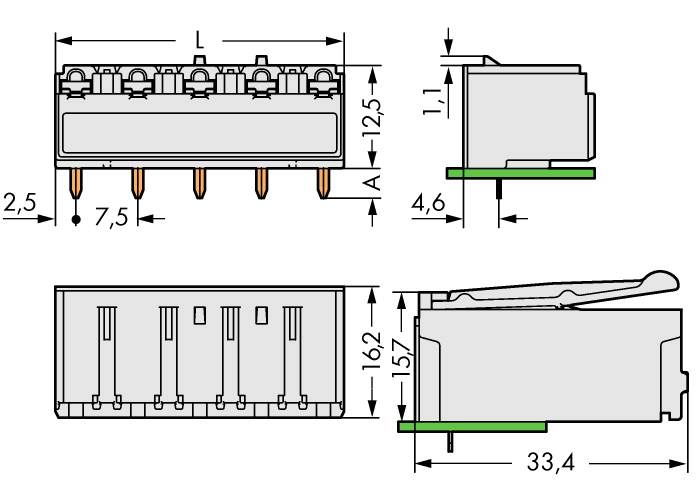 WAGO Buchsengehäuse-Platine 2092 Polzahl Gesamt 3 Rastermaß: 7.50 mm 2092-3323 100 St.