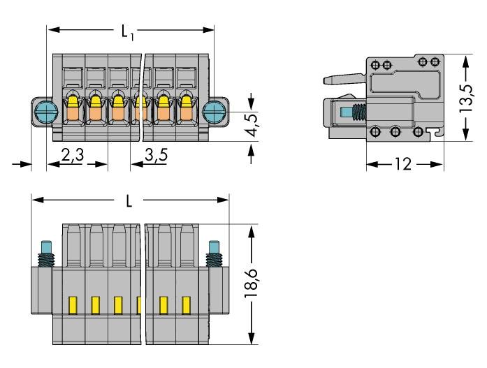 Diagramm eines elektrischen Anschlussblocks mit Abmessungen: Länge L, Breite 18,6 mm, Höhe 13,5 mm. Zeigt Drahtklemmen und Anschlussschrauben.