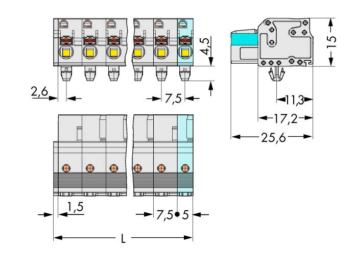 Technische Zeichnung von Klemmen mit Abmessungen: Breite 7,5, Höhe 15, Tiefe 25,6 und weiteren Details zur mechanischen Montage.