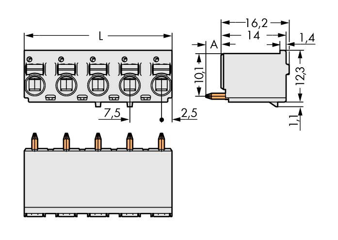 Zeichnung eines fünfpoligen Steckverbinders mit Abmessungen: Länge 16,2 mm, Höhe 12,3 mm. Seitenansicht und Draufsicht gezeigt.