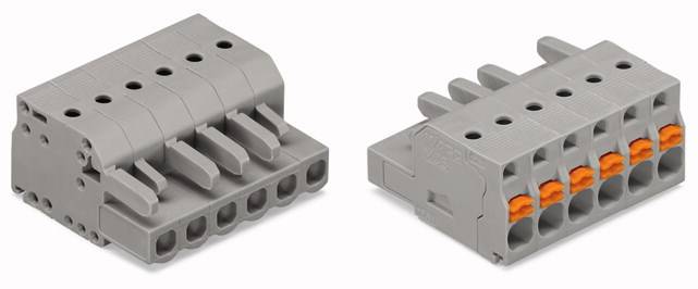 Graue Steckverbinder mit mehreren Anschlüssen, geeignet für elektrische Leitungen. Links geschlossen, rechts offen für Drahtmontage.