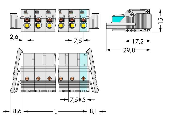 Technische Zeichnung einer elektrischen Klemme mit Maßangaben in Millimetern: 2,6, 7,5, 17,2, 29,8, 8,6, 8,1. Hauptansicht und Seitenansicht.
