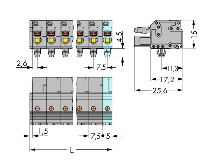 Technische Zeichnung eines elektrischen Bauteils mit Abmessungen. Gezeigt sind Vorder- und Seitenansicht mit detaillierten Maßangaben.