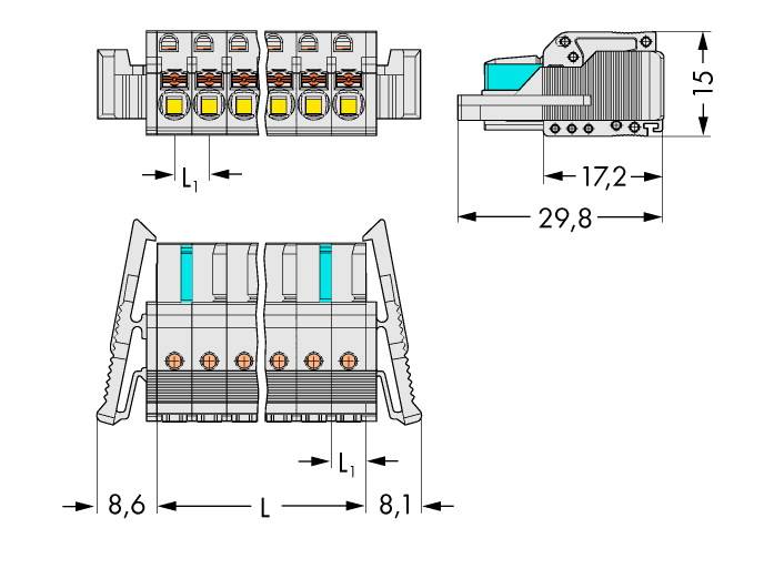 Technische Zeichnung eines elektrischen Steckverbinders mit Maßen: 15 mm hoch, 29,8 mm breit. Anschlusskomponenten und Details sichtbar.