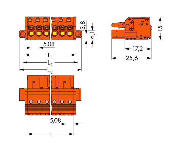 Technische Zeichnung eines orangefarbenen Steckverbinders mit Maßangaben: Breite 5,08 mm, Höhe 17,2 mm, Länge 25,6 mm.