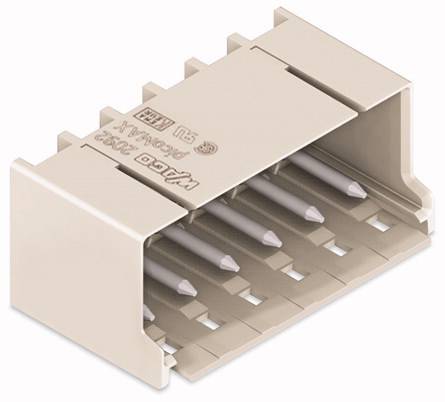 Ein weißer Plastikstecker mit mehreren Metallstiften, verwendet für Elektronikverbindungen.