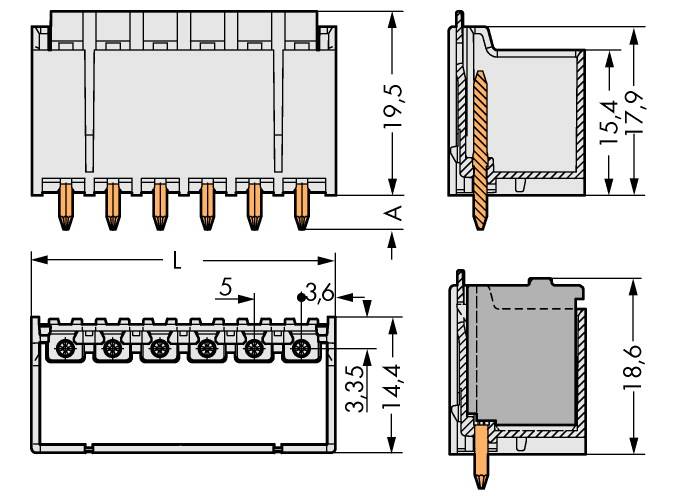 Technische Zeichnung eines 6-poligen Steckverbinders mit Maßangaben in Millimetern, Seiten- und Vorderansicht.