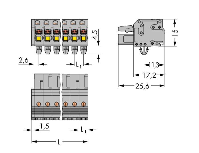 Technische Zeichnung eines elektrischen Schalters mit Maßen: Breite 2,6 cm, Höhe 4,5 cm, Tiefe 1,5 cm. Montage und Anschlussdetails angegeben.