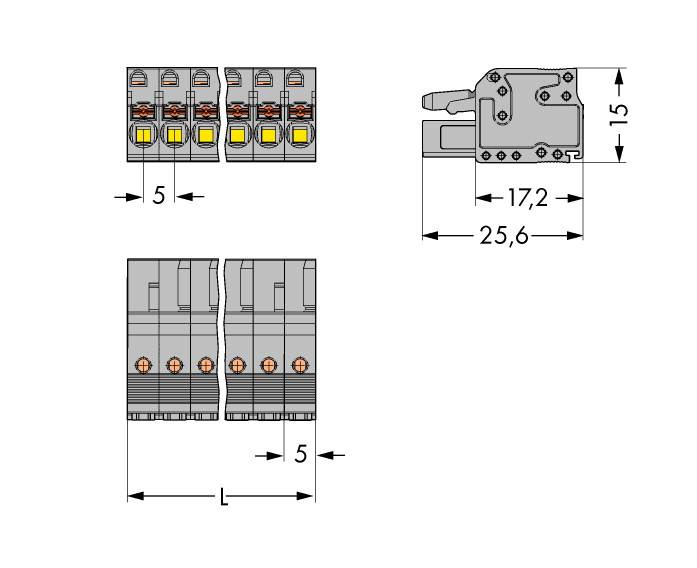 Technische Zeichnung eines elektrischen Bauteils mit Maßangaben: Breite 25,6mm, Höhe 17,2mm. Draufsicht zeigt Anschlussklemmen.