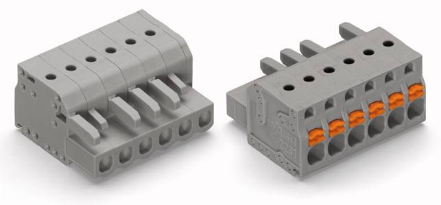 Zwei graue Kunststoffklemmen mit vier Anschlussstellen, jede mit orangenen Hebelmechanismen. Links die Hebel geschlossen, rechts geöffnet.