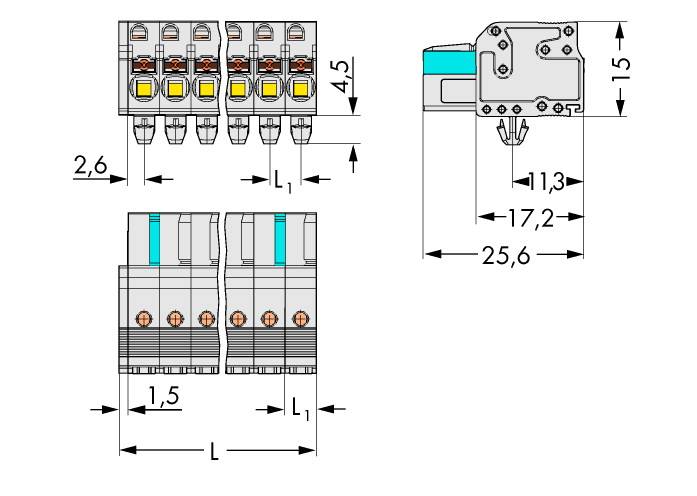 Technische Zeichnung eines Schaltermoduls mit Maßen: Breite 4,5, Höhe 15, Tiefe 25,6 und Abstände.