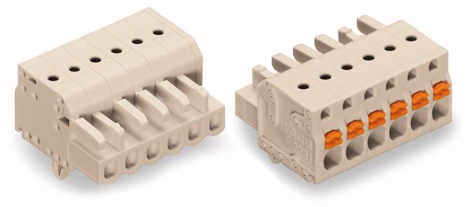 Zwei beige Steckverbinder mit mehreren Anschlüssen und orangenen Clips. Sie sind nebeneinander angeordnet und für elektrische Verbindungen geeignet.