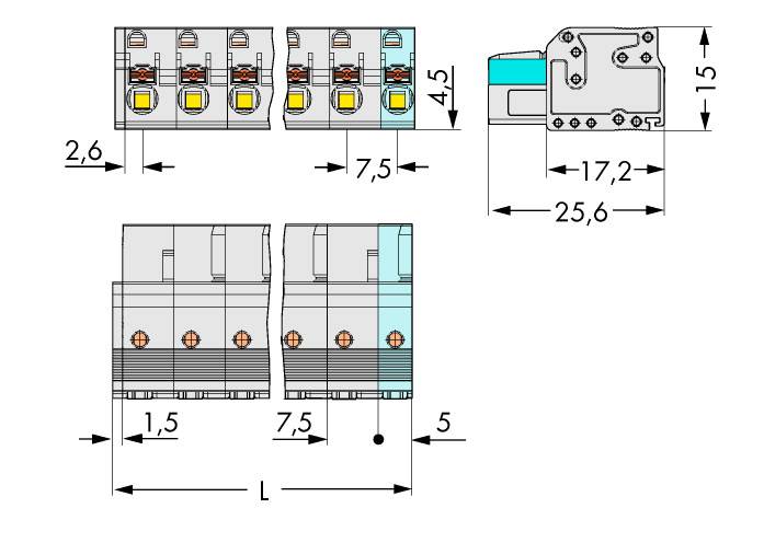 Technische Zeichnung eines Steckverbinders, zeigt Maße in Millimetern. Oben: Breite 7,5; Tiefe 17,2; Höhe 25,6. Unten: Breite 7,5; variable Länge L.