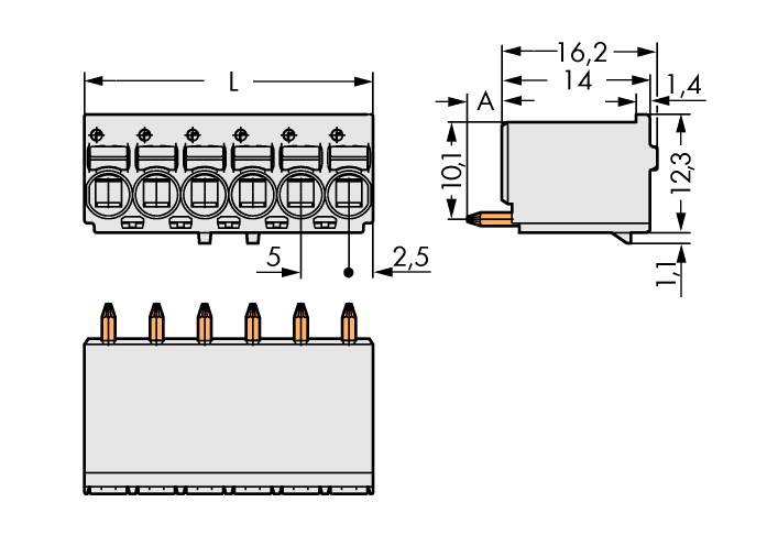 Electrical connector with six terminals, side and front view with dimensions in millimetres, showing layout and sizes.