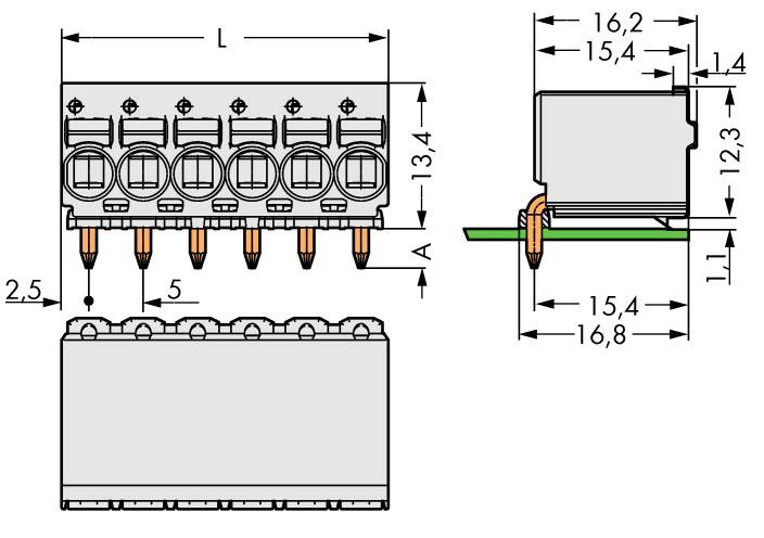 Technische Zeichnung eines elektrischen Steckverbinders mit spezifischen Abmessungen in Millimetern, Ansicht von oben und Seite.