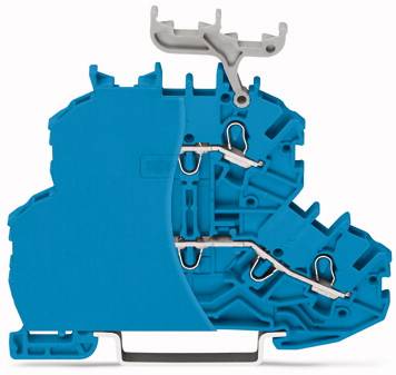 Ein Querschnitt einer blauen Klemme zeigt die interne Verdrahtung und Anschlussmöglichkeiten.
