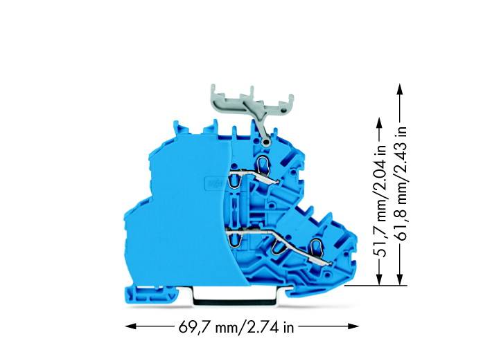 Querschnitt eines blauen Klemmengehäuses mit Markierungen für Maße: Höhe 51,7 mm (2,04 in) und 61,8 mm (2,43 in), Breite 69,7 mm (2,74 in).