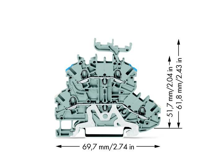 Elektrischer Anschlussklemmenblock, grau, mit Abmessungen: Breite 69,7 mm (2,74 Zoll), Höhe 51,7 mm (2,04 Zoll) und 61,8 mm (2,43 Zoll).