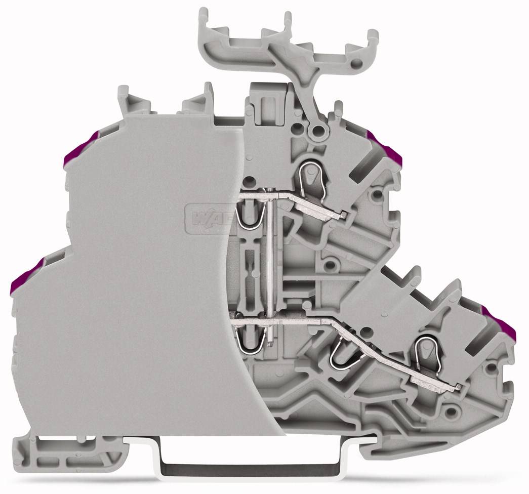 Querschnittsansicht eines elektrischen Klemmenblocks mit internen Metallverbindungen und Kunststoffgehäuse, zeigt Aufbau und Funktion.