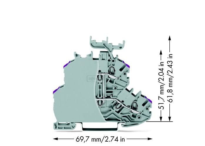Seitenansicht eines grauen, technischen Bauteils mit violetten Akzenten. Dimensionen: 69,7 mm x 51,7 mm x 61,8 mm (2,74 x 2,04 x 2,43 Zoll).