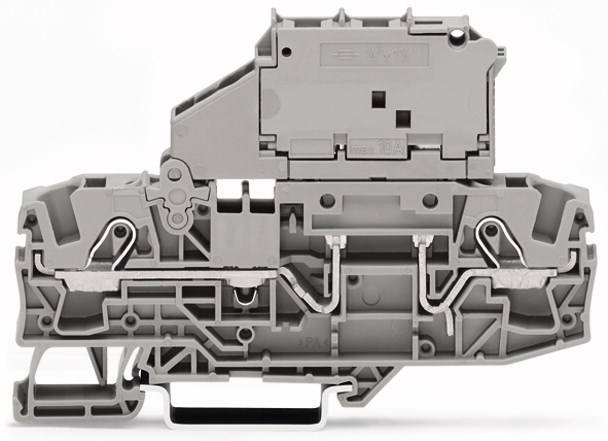 Graue elektrische Klemme aus Kunststoff mit mehreren Verbindungsstellen und Schrauben für elektrische Verdrahtung in industriellen Anwendungen.