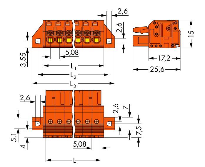 Technische Zeichnung eines elektrischen Steckverbinders mit Maßangaben in Millimetern. Hauptansicht von oben, seitlich und vorne.