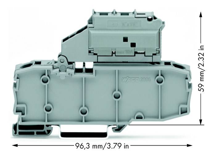 Grauer elektrischer Steckverbinder, seitliche Ansicht. Beschriftet mit den Maßen 96,3 mm/3,79 in Breite und 59 mm/2,32 in Höhe.