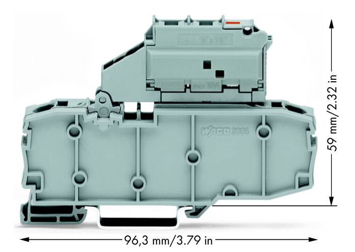 Ein einzelner elektrischer Klemmenblock mit den Maßen 96,3 mm (3,79 Zoll) Breite und 59 mm (2,32 Zoll) Höhe.