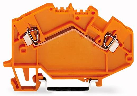Ein orangefarbener elektrischer Klemmenblock mit Metallklammern, verwendet für die Verbindung von elektrischen Leitungen in einem Schaltschrank.