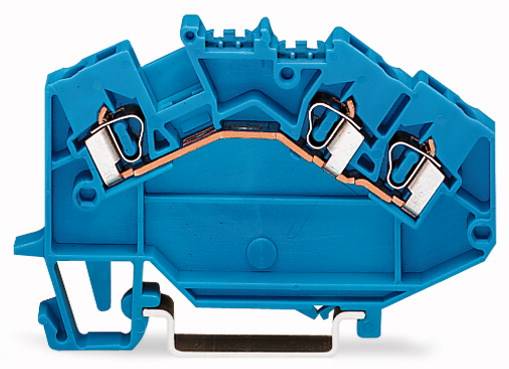 Blauer elektrischer Klemmblock mit drei Verbindungspunkten und Metallklemmen, zur sicheren Befestigung elektrischer Drähte.