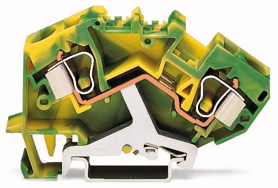 Querschnitt eines grünen und gelben elektrischen Klemmenblocks mit Metallkontaktteilen und Isoliermaterial.